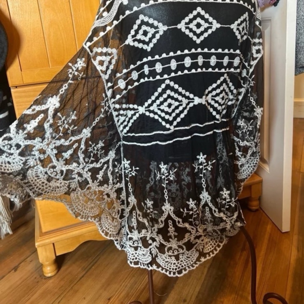 Black White Sheer Swim Cover Up Lace Boho Beach Tunic Drawstring Medium